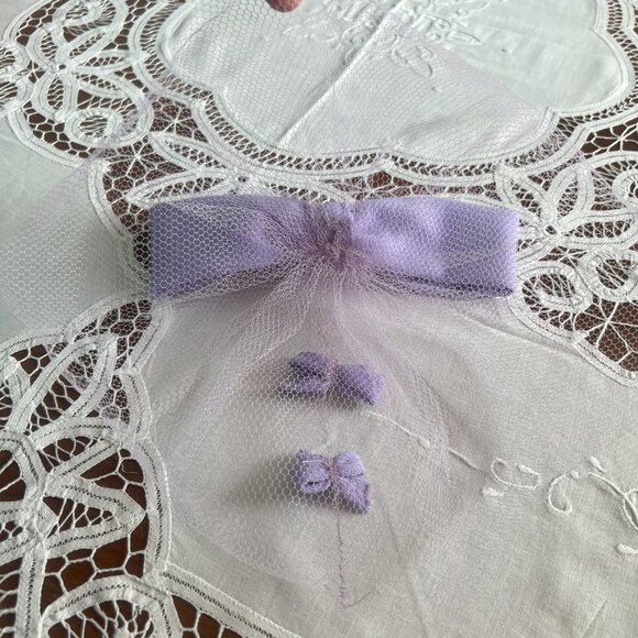 Vintage 60s Purple Fascinator Mesh Netting Hair Bows Pastel Mauve Hairnet Rockab - Picture 10 of 10